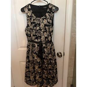 Roz & Ali Gold & Black Floral Metallic Embroidered 10 Midi Dress Formal Wedding